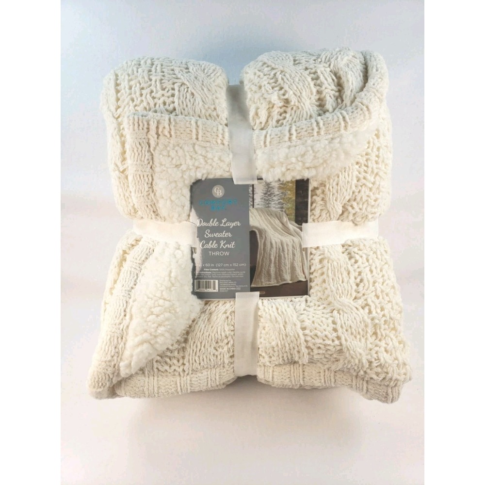 Cable Knit Sherpa Throw Blanket Ivory 50x60 Cozy Cottage Farmhouse New